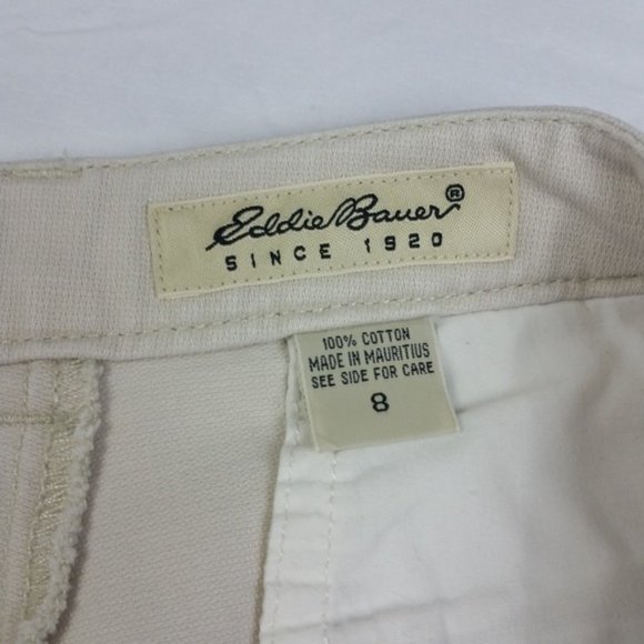 Eddie Bauer Beige Chino Shorts Size 8 High Rise Women Cotton Pockets Flat Front - Picture 4 of 9